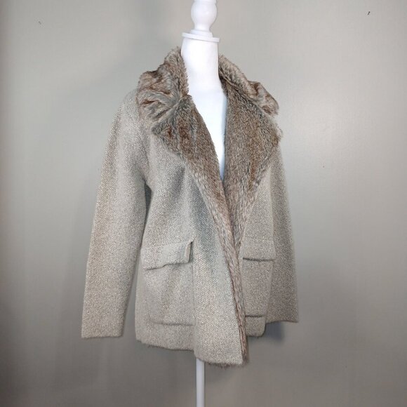 COCO AND CARMEN KNIT WRAP STYLE JACKET FAUX FUR COLLAR,  TAN, SIZE SMALL - Picture 2 of 8